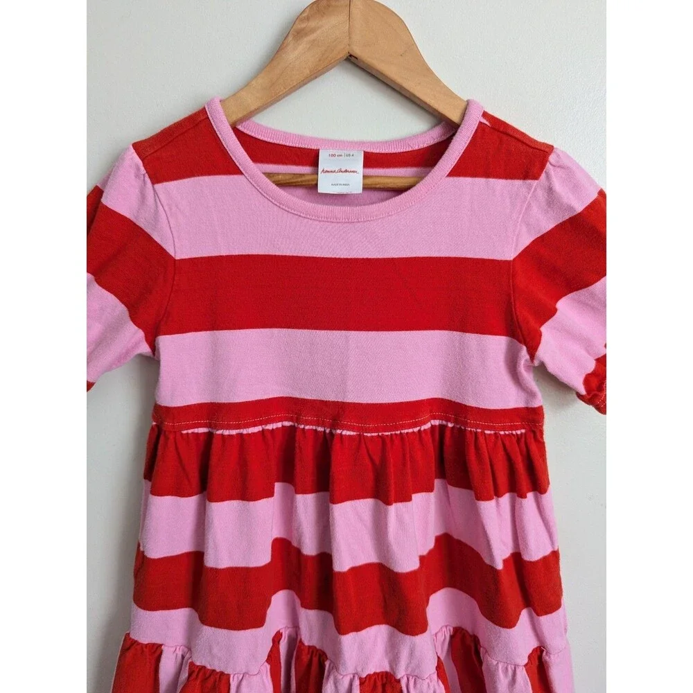 Hanna Andersson Girls 4 Striped Twirl Power Dress Red Pink 100% Cotton Knit